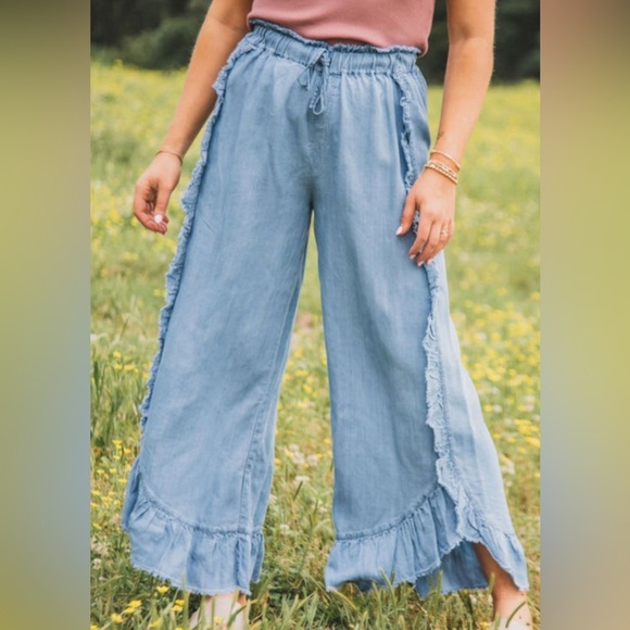 Light Blue Ruffle Trim Wide-Leg Pants - Picture 1 of 7